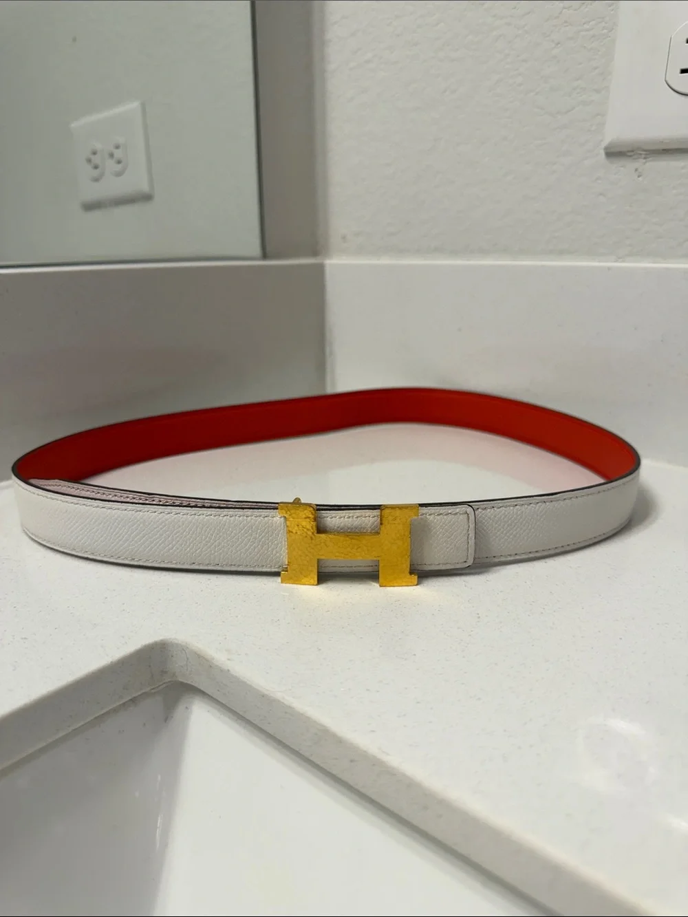 Hermes White and orange Leather Belt with Gold H Buckle SIZE 80